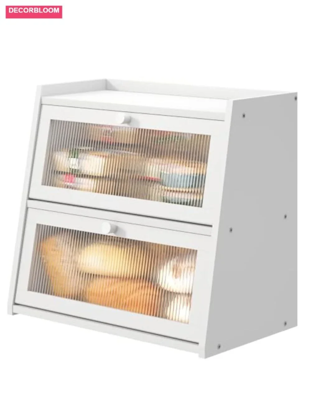 White Bread Box with Cutting Board, Bamboo & Acrylic Door, Large Kitchen